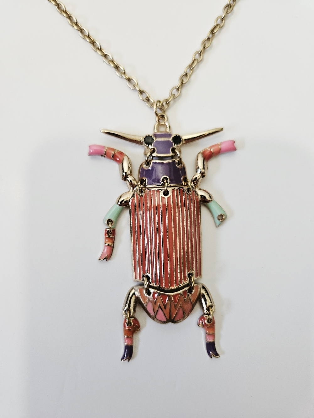 Colorful Articulated Beetle Pendant Necklace Enamel Jewerly